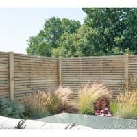 Pressure treated double slatted fence panel, 6' x 5', light wood, horizontal slats, contemporary design, by Forest Garden.