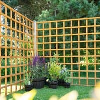 Square wooden garden trellis panel with grid design, natural finish, 6' x 6', set against a lush green backdrop.