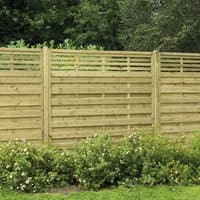 Kyoto pressure-treated decorative fence panel with horizontal slats and trellis top, 6' x 6', natural wood finish.