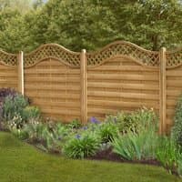 Wooden decorative fence panel with lattice top and horizontal slats, 6' x 6', in a garden setting.