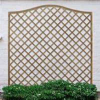 Pressure treated wooden garden screen panel with arched top and diamond lattice design, 6' x 6' size.