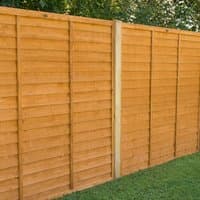 Forest 6' x 6' straight cut overlap fence panel, wooden slats, natural finish, vertical support beams, lush green lawn.