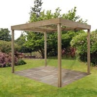 Wooden garden pergola kit with square frame, four posts, and open slatted roof, set on a grassy lawn.