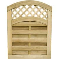 Pressure treated wooden garden gate with lattice arch top and horizontal slats, 3' x 4', by Forest Garden.