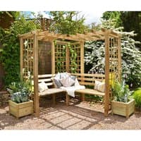Wooden Forest Sunflower Arbour Seat with lattice sides, slatted bench, and integrated planters, ideal for gardens.