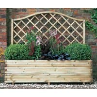 Wooden garden planter with lattice trellis, filled with various plants, measuring 6' x 2', by Forest Garden.