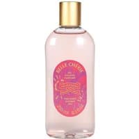 Clear bottle of Fragonard Belle Cherie Gel Douche, pink label, gold cap, 250 ml cleansing body gel.