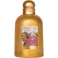 Golden bottle of Fragonard Belle de Nuit Eau de Toilette, floral label with pink and yellow flowers, rounded cap.