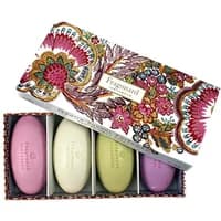 Fragonard Coffret 4 Savons Classic set with four colorful oval soaps in floral-patterned box.