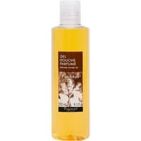 Clear bottle of Fragonard Patchouli Gel Douche, 250 ml, with amber liquid and brown label featuring floral design.