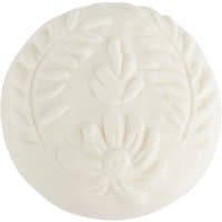 Round white soap with embossed floral design, Fragonard Rose Lavande, 150 g cleansing hand soap.