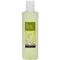Clear bottle of Fragonard Vetiver Gel Douche, 250 ml, with green label and white cap, featuring vetiver grass design.