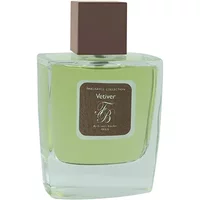 Clear glass bottle of Franck Boclet Vetiver Eau de Parfum with brown square cap and green label.