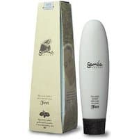 White oval bottle of Gamila Secret Feet Cream, 100 ml, with black cap, next to beige box with brand logo.