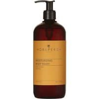 Amber bottle with black pump, yellow label reads "Hobe Pergh Moisturizing Body Wash 500 ml" in black text.