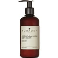 Dark amber pump bottle of Hobe Pergh Restorative Advanced Body Cream, 250 ml, with a beige label and black text.