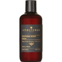 Dark amber bottle of Hobe Pergh Soothing Body Wash, black cap, gold and black label, 250 ml.