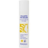 White Innoxa Collastin Tan Solare SPF 50+ body cream bottle with yellow sun graphic and blue text.