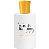 White bottle of Juliette has a Gun Sunny Side Up Eau de Parfum with yellow cap and black text.