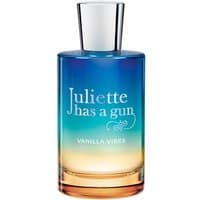 Blue and amber gradient perfume bottle with silver cap, labeled "Juliette has a Gun - Vanilla Vibes."