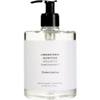 Clear bottle of Laboratorio Olfattivo Biancotalco Liquid Soap, black pump, white label with black text, 500 ml size.