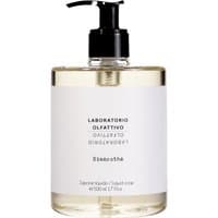 Clear bottle of Laboratorio Olfattivo Biancothe Liquid Soap with black pump and minimalist white label, 500 ml.
