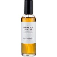 Clear glass bottle with amber liquid, black cap, and white label reading "Laboratorio Olfattivo Distillato 17 Room Spray."