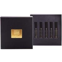Black box with gold label, containing five 3 ml black spray vials of unisex perfumes by Laboratorio Olfattivo.