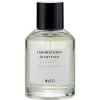 Clear glass bottle with black cap, labeled "Laboratorio Olfattivo MyLo," containing unisex floral perfume, 100 ml.