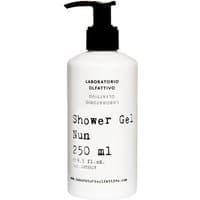 White bottle of Laboratorio Olfattivo Nun Shower Gel, 250 ml, with black pump and minimalist text design.
