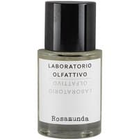 Clear glass bottle with black cap, white label reading "Laboratorio Olfattivo Rosamunda," containing floral women's perfume.
