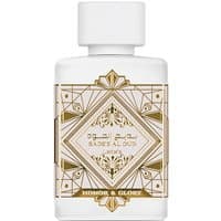 White Lattafa perfume bottle with gold geometric design, labeled "Badee Al Oud Honor & Glory," 100 ml unisex fragrance.