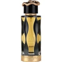 Lattafa Teriaq Intense Eau de Parfum 100 ml, amber liquid in a black and gold wavy-patterned bottle with ornate cap.