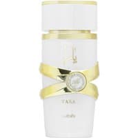 White and gold Lattafa Yara Moi Eau de Parfum bottle, 100 ml, with gold accents and decorative emblem.