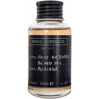 Clear glass bottle of Lumi RUGIADA Beard Oil, 50 ml, with black label and screw cap.