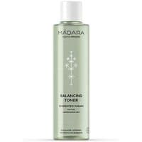MADARA Balancing Toner, 200 ml clear bottle, white cap, black text, star design, for normal skin.