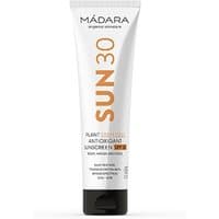MADARA sunscreen SPF 30, white tube, orange text, 100 ml, high protection body cream with plant stem cell antioxidants.