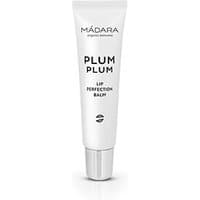 White tube of Madara Plum Plum Lip Balm with silver cap and black text detailing, 15 ml size.