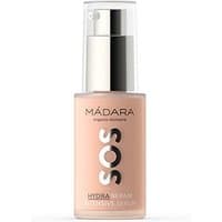 Madara SOS Hydra Repair Serum, 30 ml, in a clear bottle with pump, pink liquid, silver and white labeling.