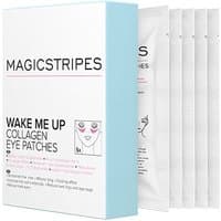 Magic Stripes Wake Me Up Collagen Eye Patches box with blue edge, five white sachets visible, anti-aging skincare product.