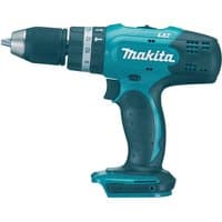Blue Makita 18V LXT combi drill with black grip, silver chuck, and torque settings, bare unit without battery.