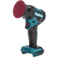 Makita DPV300Z 18V cordless sander/polisher, teal and black, with red sanding pad and ergonomic handle.