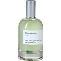 Clear glass bottle of Miller et Bertaux unisex perfume with silver cap and green liquid inside.