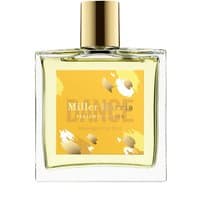 Clear glass bottle with gold cap, yellow label featuring floral design, "Miller Harris Dance Amongst the Lace" perfume.