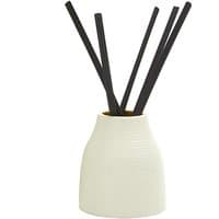 White ceramic diffuser with black reeds, Miller Harris Mossket Fougère, 100 ml capacity.