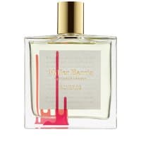 Clear glass bottle with gold cap, pink drip design, and label reading "Scherzo Eau de Parfum" by Miller Harris.