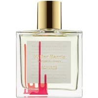 Clear glass bottle of Miller Harris Scherzo Eau de Parfum, gold cap, pink abstract design on front, 50 ml size.