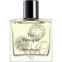 Clear glass bottle of Miller Harris Tea Tonique Eau de Parfum with black cap and botanical illustrations.
