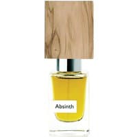 Nasomatto Absinth perfume, 30 ml bottle with yellow liquid, clear glass, silver neck, and wooden cap.