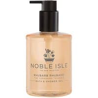 Clear bottle of Noble Isle Rhubarb Rhubarb! Bath & Shower Gel with black pump and elegant label design.